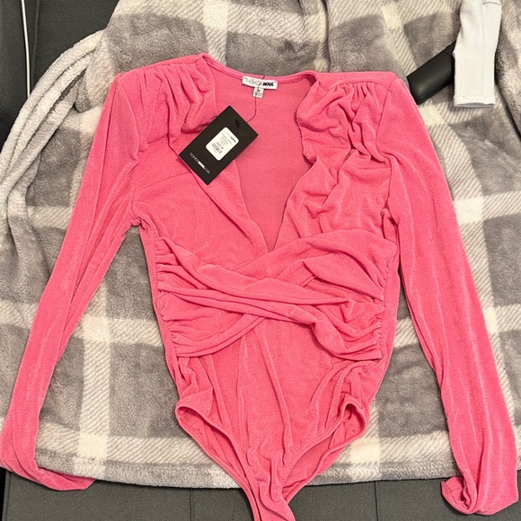 Fashion Nova Tops - Fashion Nova Hot Pink Ruched Wrap-Front Long Sleeve Bodysuit